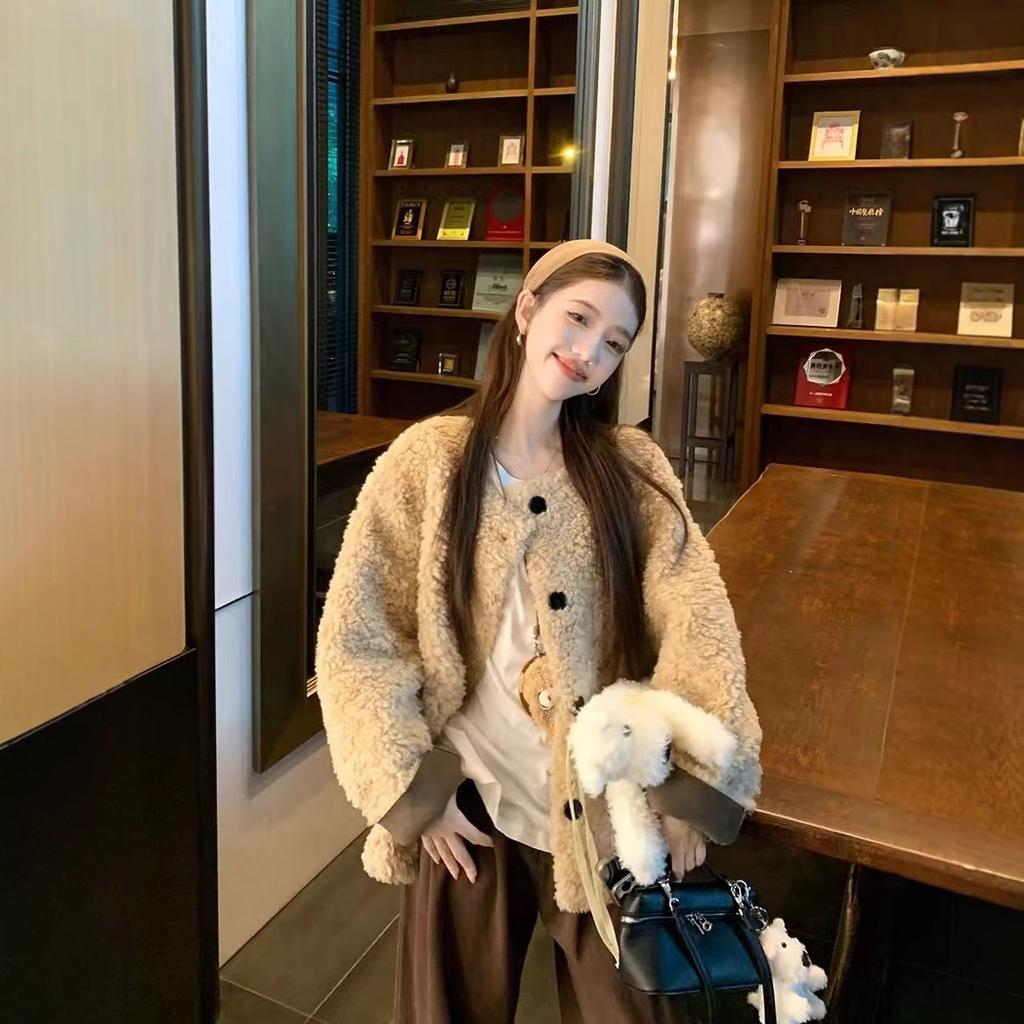 Soft Style Warm Lamb Wool Coat Women Winter Korean Casual Loose Black Plush Top