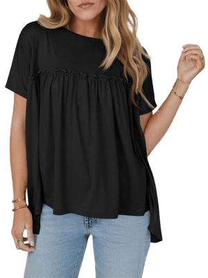 Womens Summer Babydoll Peplum Top Short Sleeve Crew Neck Casual Blouse