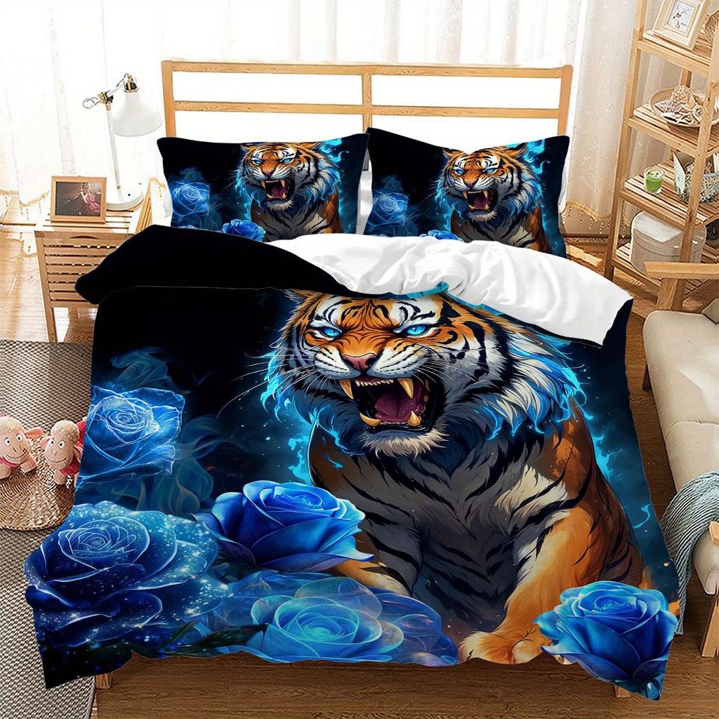 3pcs Fierce Tiger with Blue Roses Bedding Duvet Cover Set Blue Rose Tiger Bedding Quilt Set Animal Themed Bed Set Four Seasons