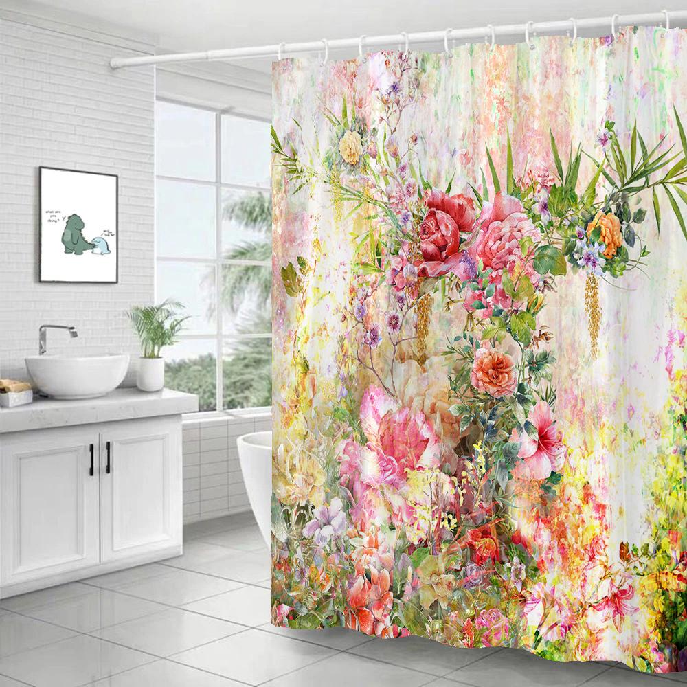 Watercolor Red Flower Shower Curtain Flowers and Plants Waterproof Polyester Bath Curtain For Bathroom Home Decor Accessories