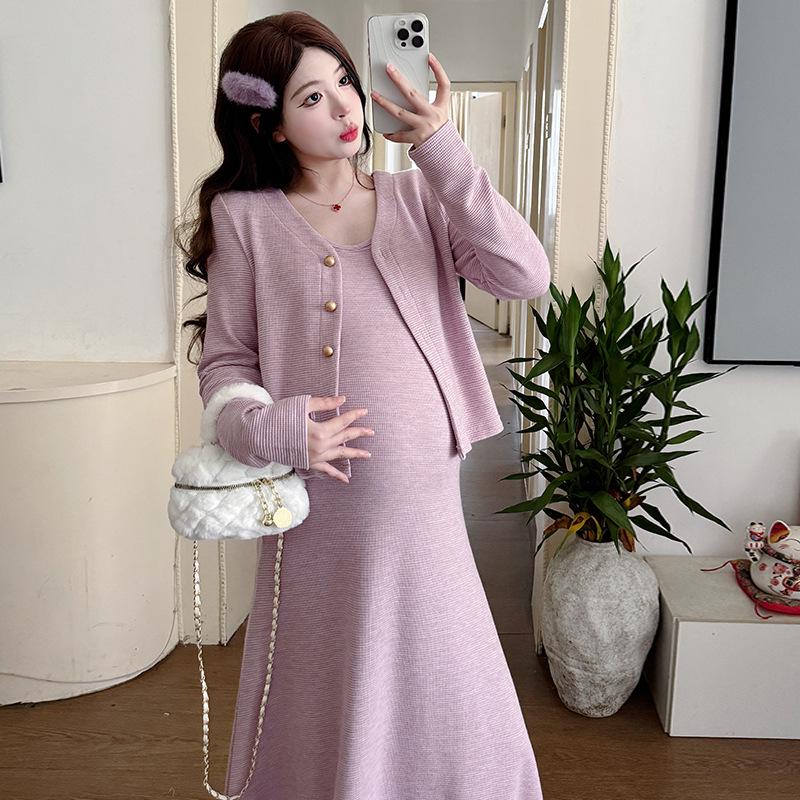 Autumn/Winter French Chic Knit Maternity Vest Dress & Cardigan Set L