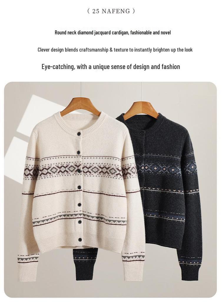 1980 Women's 35% Cashmere Nordic Knit Cardigan - Winter Double-Strand Thick Sweater Coat