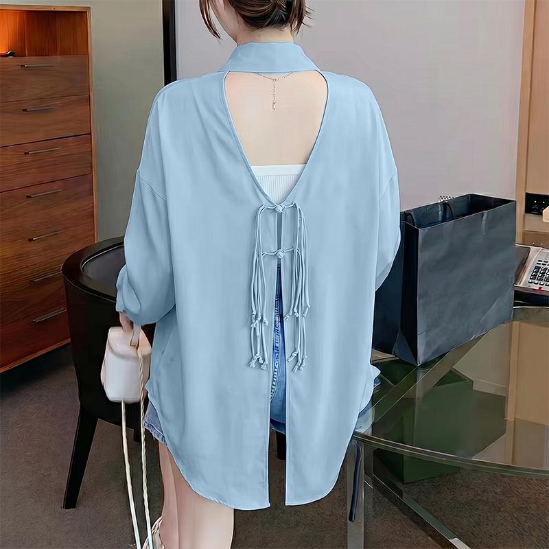 ZANZEA Women Casual Turn Down Collar Loose Backless Long Sleeve Blouse