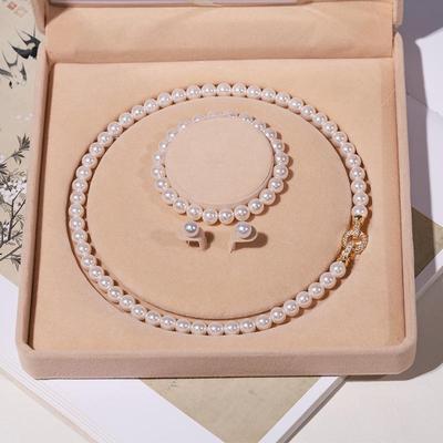 Natural Deep Sea Shell Pearl Necklace & Bracelet Set - Three-Piece Round Choker for Women