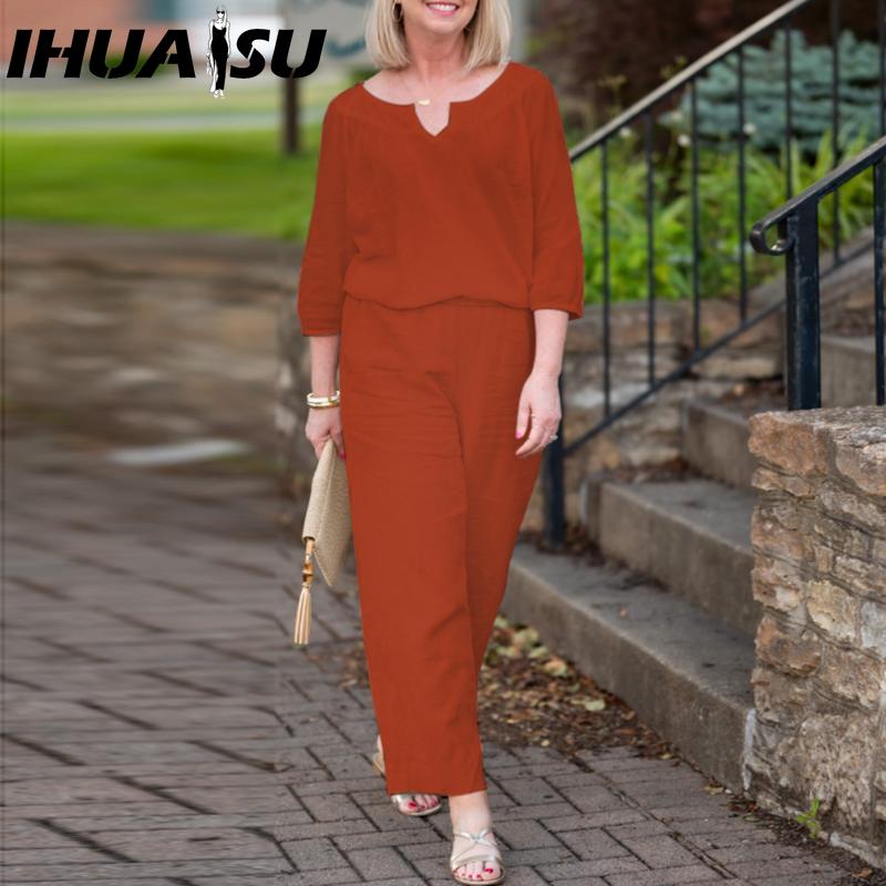 IHUASU Plus Size Women Casual Button Mid Sleeve Pocket Solid Colour Cotton V-Neck Top Pants Set