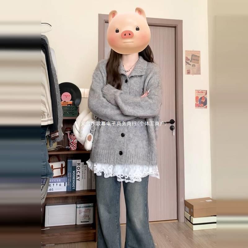 2025 Korean Style Grey Knit Turn-Down Collar Cardigan for Women