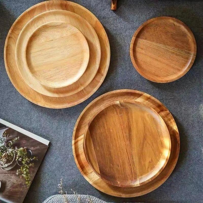 Wooden Dinner Plates Household Round Coffee Tray Trinket Dish Home Vintage Japanese Style Dessert Bread Trays Decorative Dishes