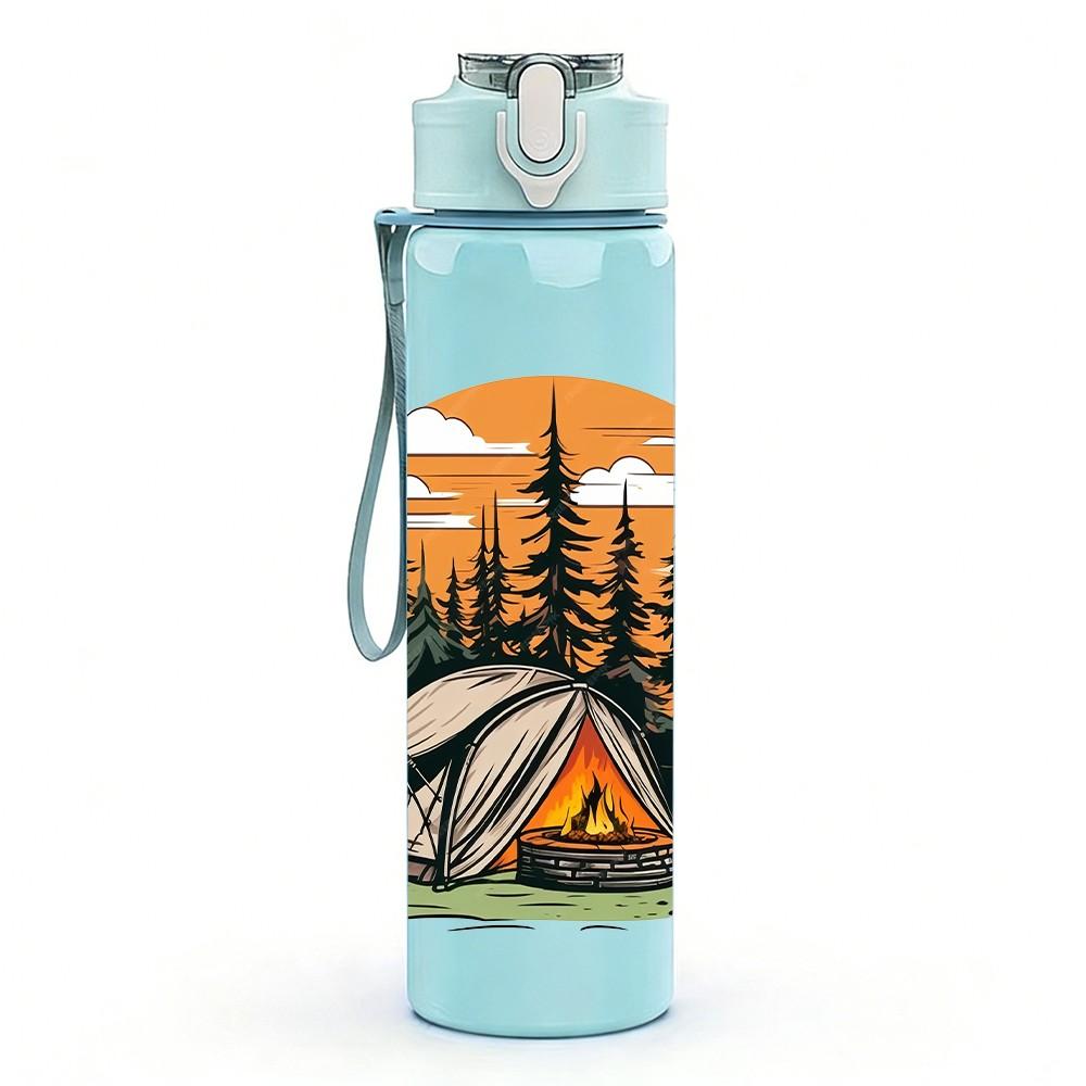 1PC Camping Tent Mountain Sunset Print 750ml Color Plastic Sports Water Bottle Leakproof Flip Straw Lid Suitable for Sports Office Home Use