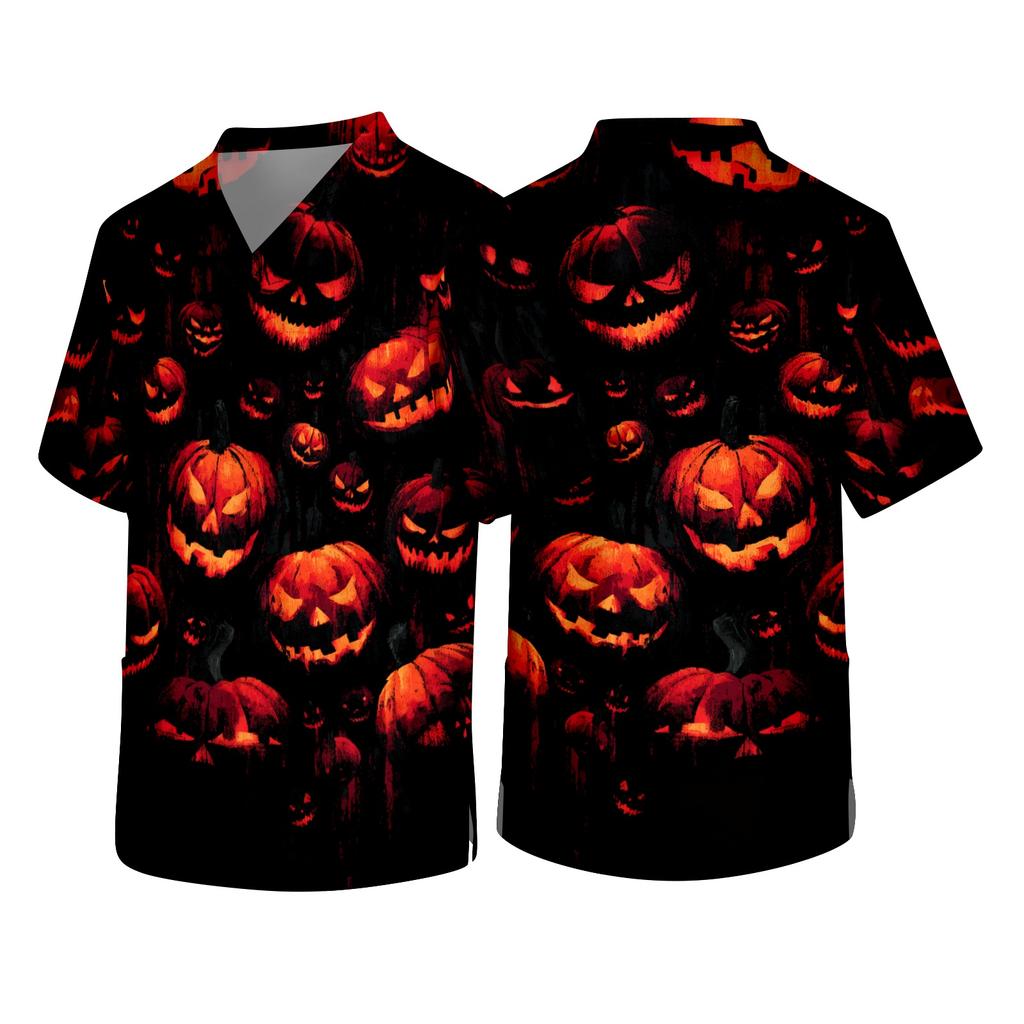 Men's Short Sleeve V Neck Halloween Print Chest Pocket Workwear Shirt with Cowboy Graphic Design for Casual Wear