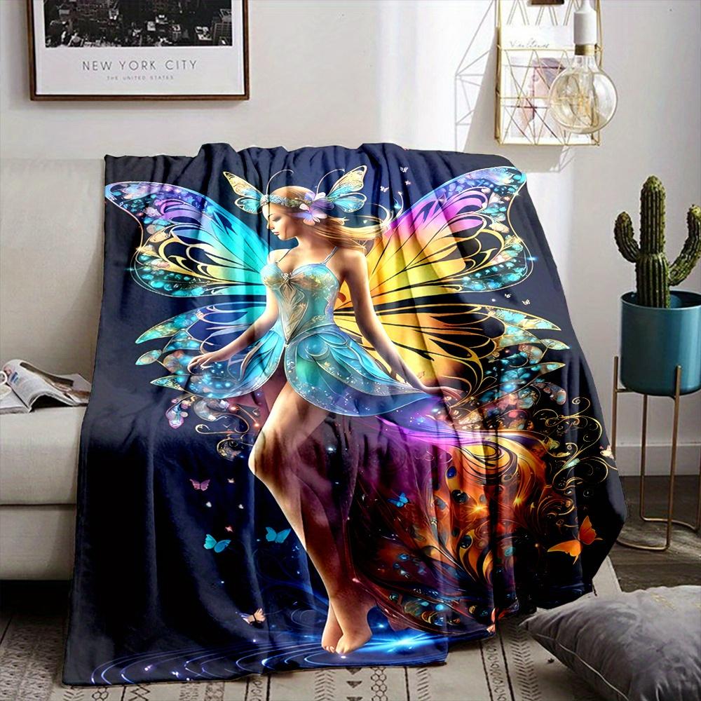 1pc Whimsy Wings Fairy Print Flannel Fleece Throw Blanket - Reversible, All-Season, Digital Print, Contemporary Style, Cartoon
