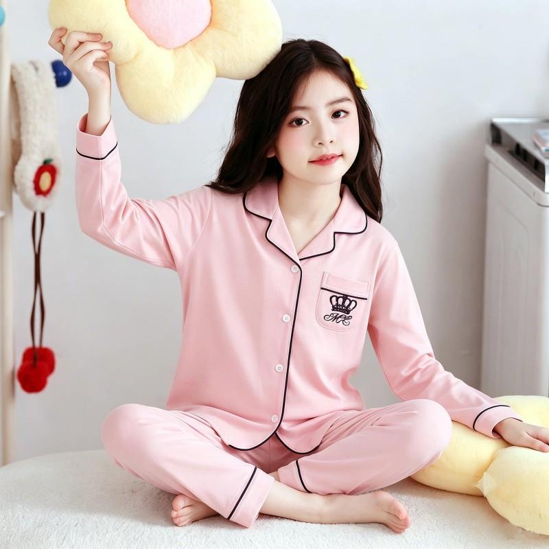 100% Cotton Girls Pajama Set Long Sleeve Cartoon Print Sleepwear Open Front Robe Style Fall