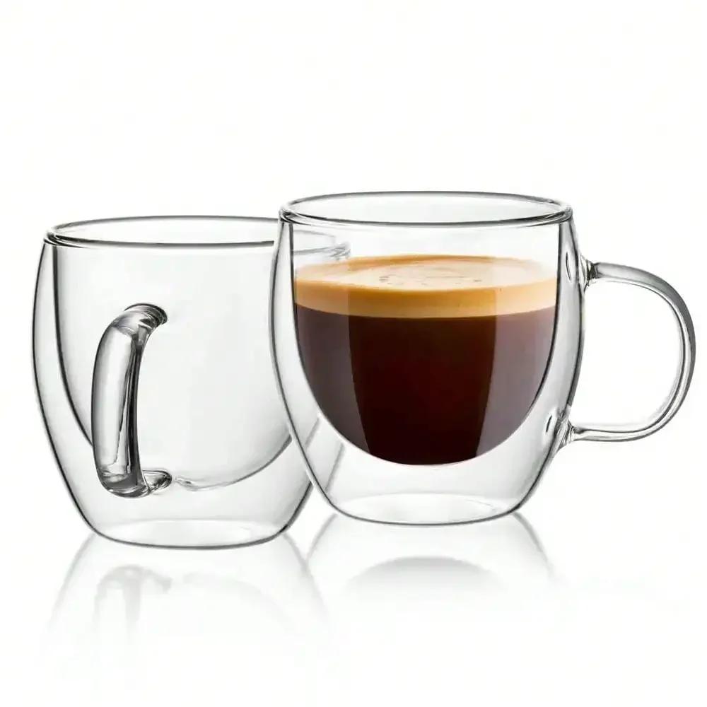250ml Double-layer Transparent Glass Coffee Cup with Handle Double-layer Heat Insulation High Temperature Juice Milk Cup