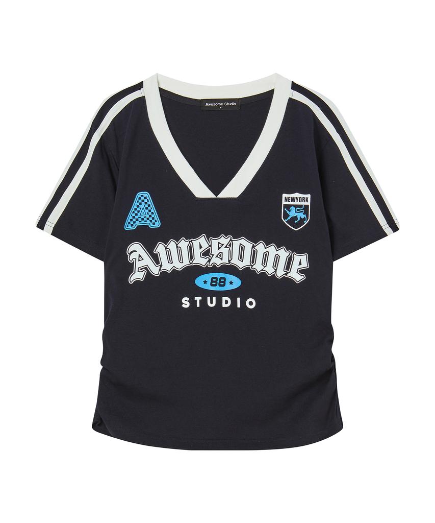 AWESOME STUDIO Short Sleeve Blockcore V-Neck Shirred T-Shirt Ivory