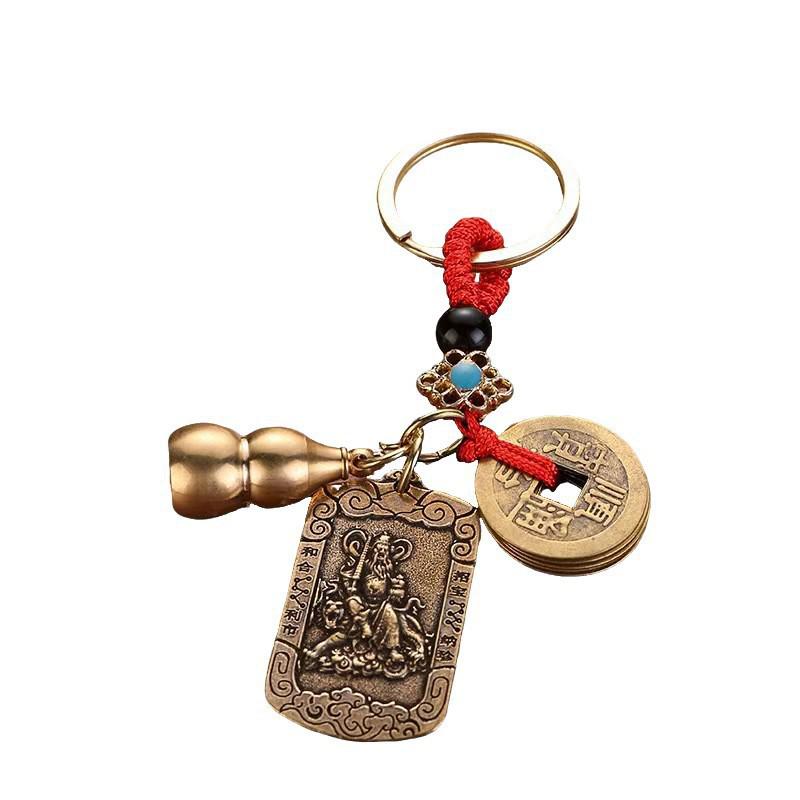 Brass Five-Way God of Wealth Zhao Gongming Keychain with Zodiac Animals and Five Emperors Coins