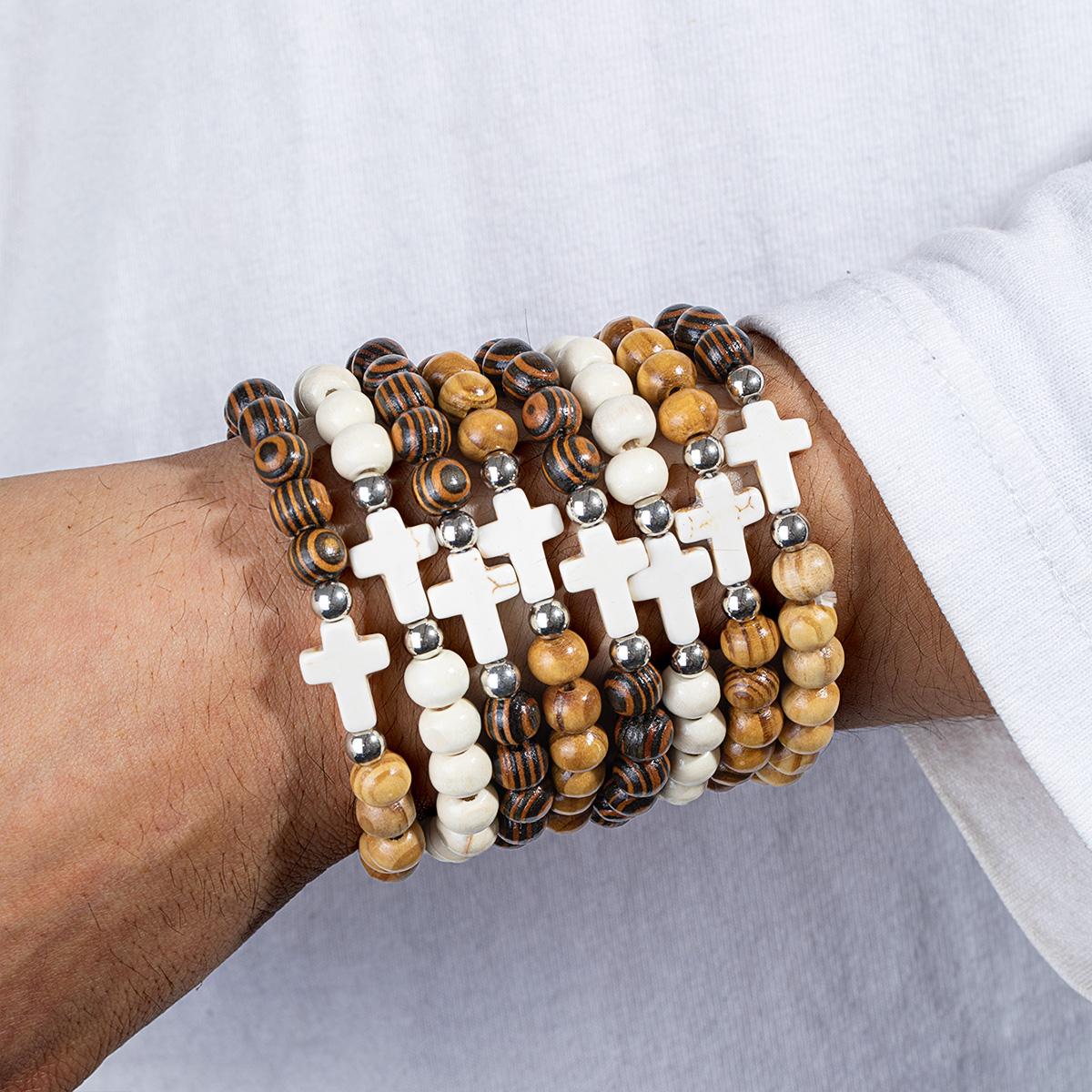 

8-piece spiral patterned wooden bead bracelet with multiple layers of stacked turquoise cross for both men and women