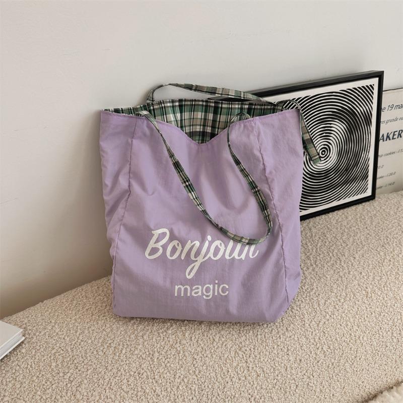 New Large-capacity Simple Shoulder Plaid Bag, Light Commuter Canvas Bag, Double-sided Dual-purpose Tote Bag