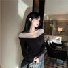 Women's Black Rhinestone One-Shoulder Long-Sleeve Slim Fit T-Shirt
