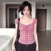 Plaid short-sleeved shirt women's spring and summer new design slim-fitting shirt Korean waist short top women