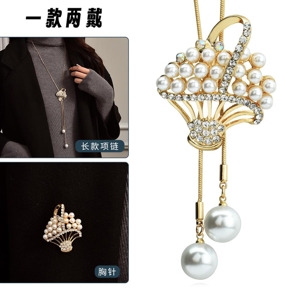 Suijue Pearl Sweater Chain Two Wear Crystal Flower Long Necklace Titanium Steel National Style Two Wear Function