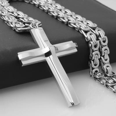 Edelstahl-Kreuz-Halsketten, Kruzifix-Anhänger und Halskette für Männer, Vintage-Edelstahl-Männer, 6 mm byzantinische Kette