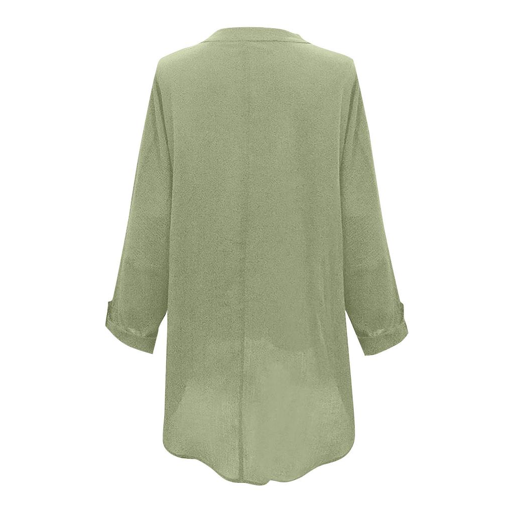 Women's Fashion Long Sleeve Cotton Linen Colour Casual V-Neck Blouse Top