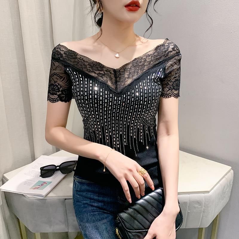 

Летняя женская сексуальная кружевная облегающая футболка с коротким рукавом и вырезами, 2023 XL