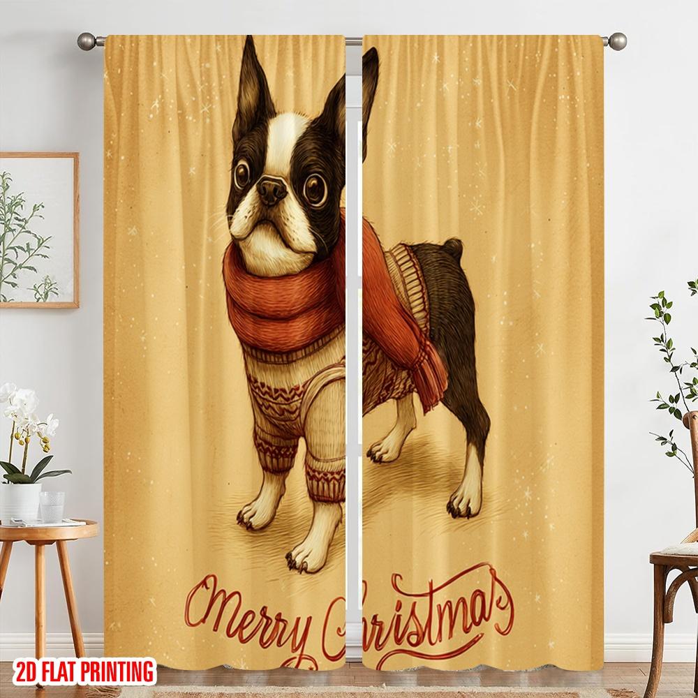 2pcs,2D Plane Printing Creative Curtains Boston Terrier and Reindeer Deer Versatile Polyester Fabric (without Rod) Decorations
