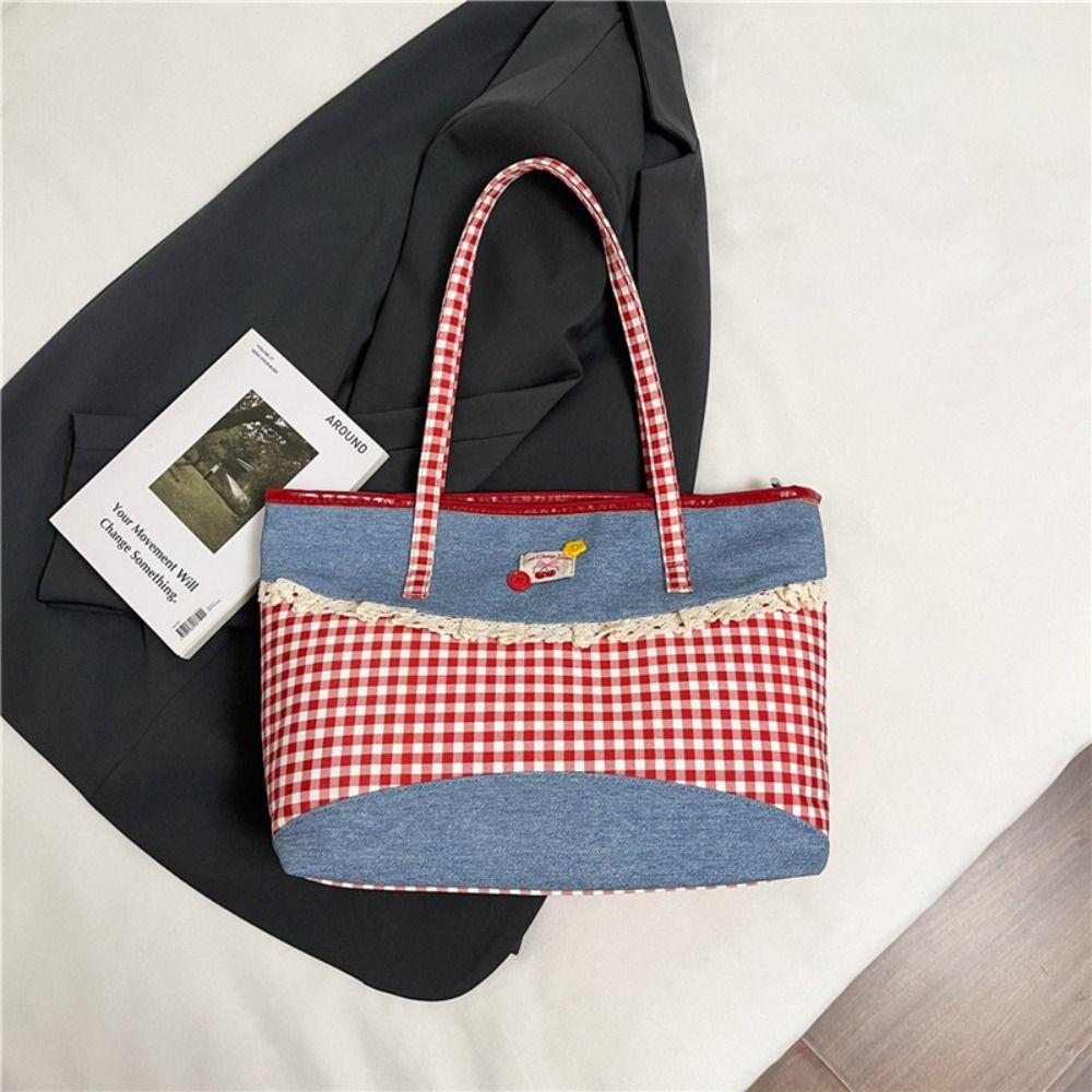 Rural Style Denim Plaid Handbag Lovely Commuting Tote Bag Retro Lace Bow Shoulder Bag  Students