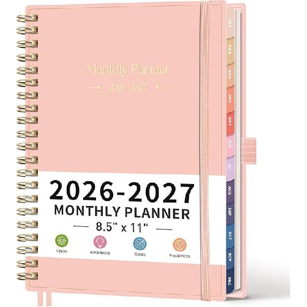 RETTACY 2026-2027 Monthly Planner, Jan 2026 - Dec 2027, Large Size (8.5" x 11"), Agenda, Calendar, 24 Month Tabs, Flexible Plastic Cover, 100 GSM