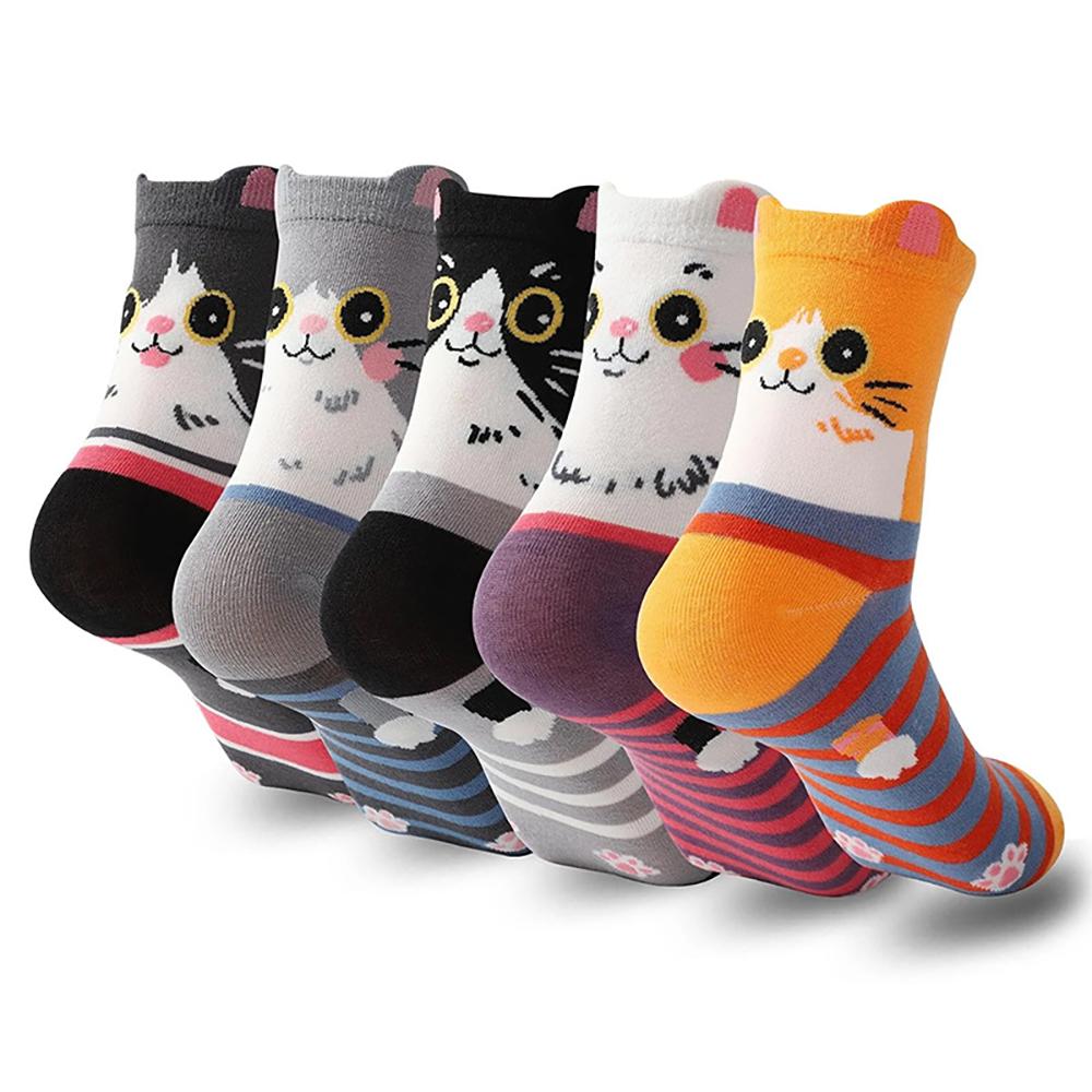 5 Paar Kattensokken Mode Cartoon Driedimensionale Oren Mid-Sokken Dames Leuke Mid-Sokken Dagelijkse Slijtage Decoratieve Mooie Sokken. S black