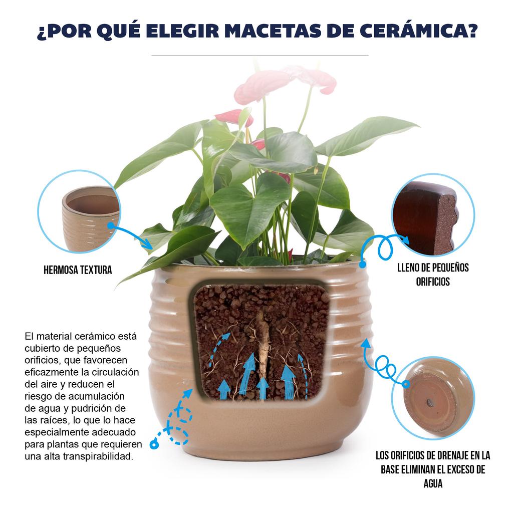 Single Handmade Ceramic Planter (diameter 36 cm), Light Brown, Wave Groove Structure, Breathable, Frost-Resistant