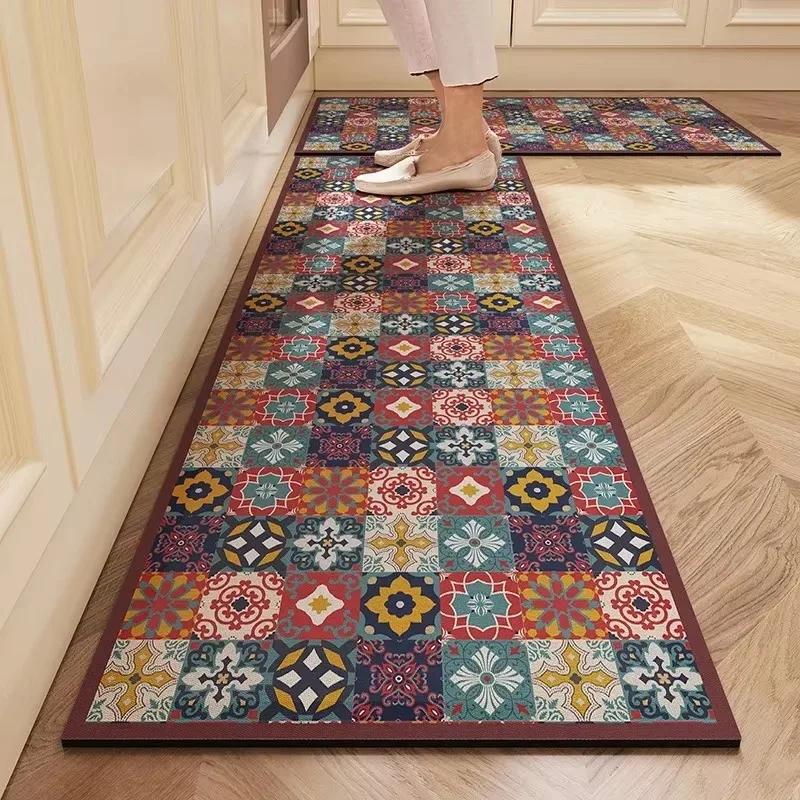 Carpet for Kitchen Set Non-slip Oil-proof Floor Mat Pvc Leather Waterproof Foot Mats American Vintage Decoration Long Strip Rug