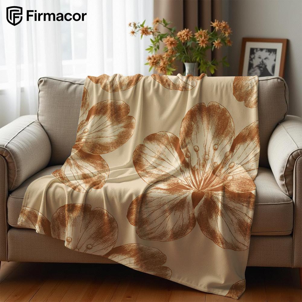 Tan Floral Line Art Lightweight Microfiber Soft Christmas Fleece Blanket Warm Cozy Throw for Bed Sofa Office Travel All Season