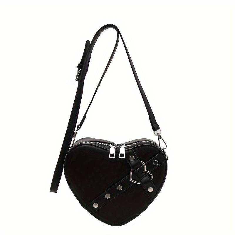 Borsa a Spalla Forma di Cuore Stile Y2K di Nicchia, Borsa a Tracolla con Zip e Decorazioni di Borchie Monocolore per Donna