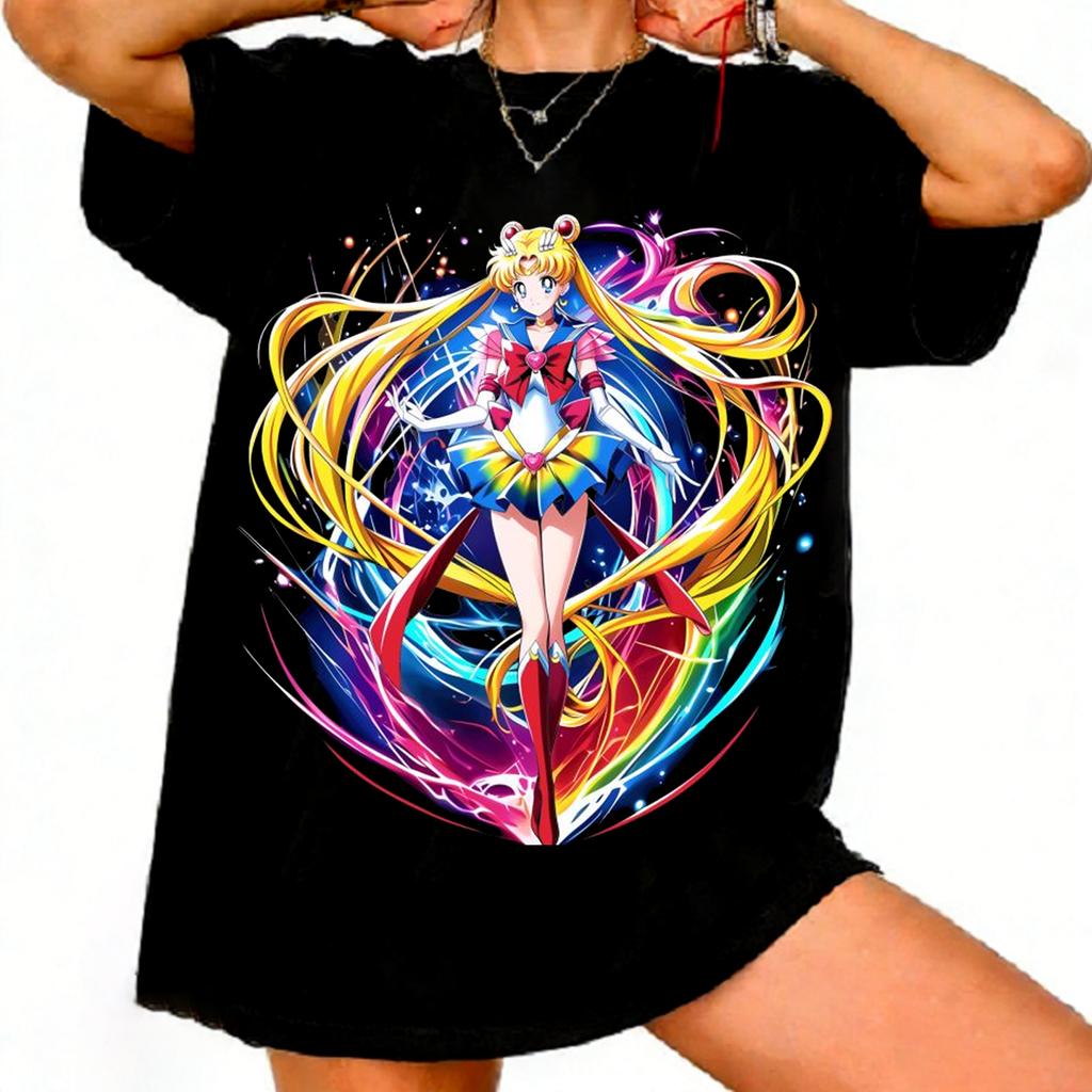 Sailor Moon Retro 90er Anime Grafik T-Shirt Sommer Baumwolle Unisex Damen Tee Streetwear Lässig Trend Kurzarm Paar Hip Hop Oberteil