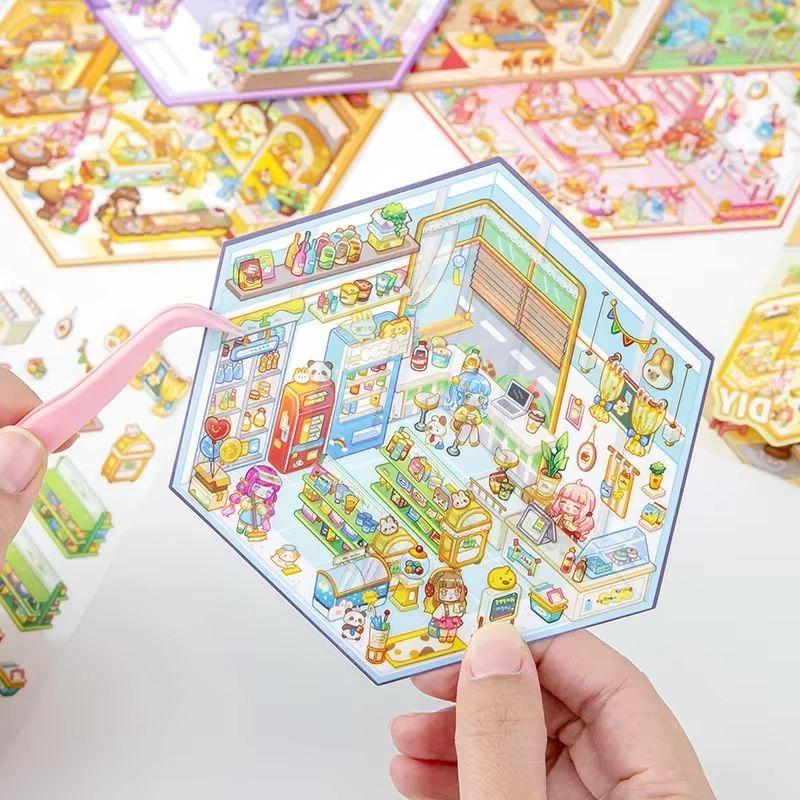 Cartoon Landscape Sticker Mini World DIY Pocket 3D Cabin Scene Stacking Pasting Christmas Birthday Gift for Kid Child