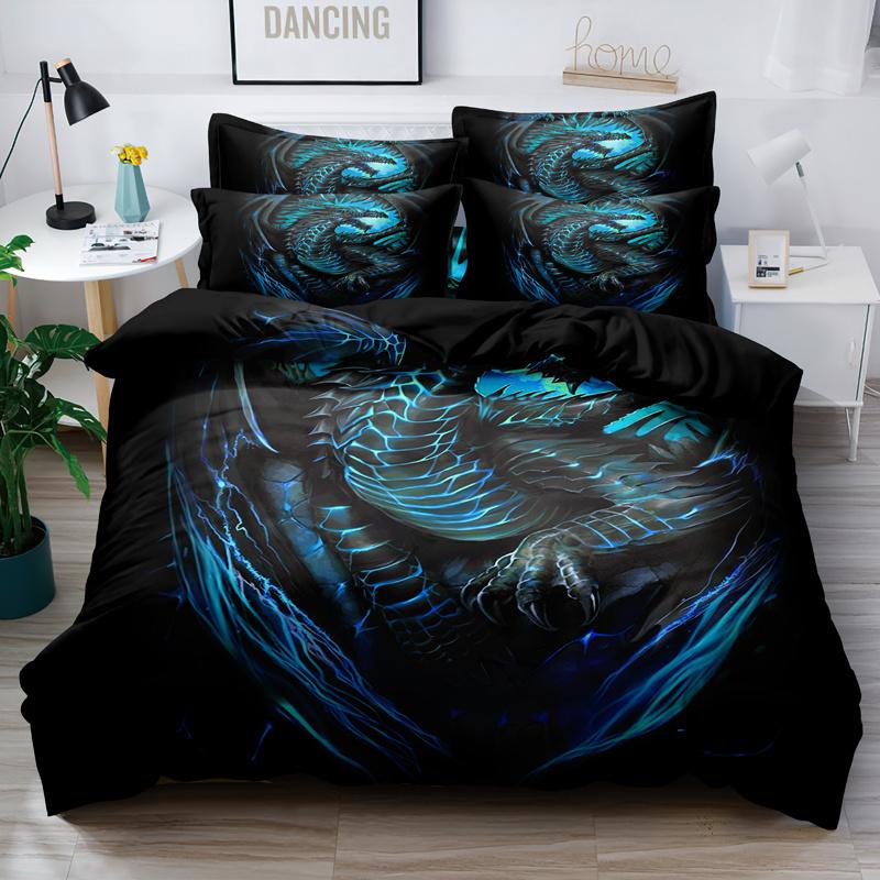 

3Pcs Blue Dragon Pattern Duvet Cover Set, Soft Comfortable Bedding with Pillowcases for Bedroom Guest Room Dorm Decoration EU Twin(135x200cm)