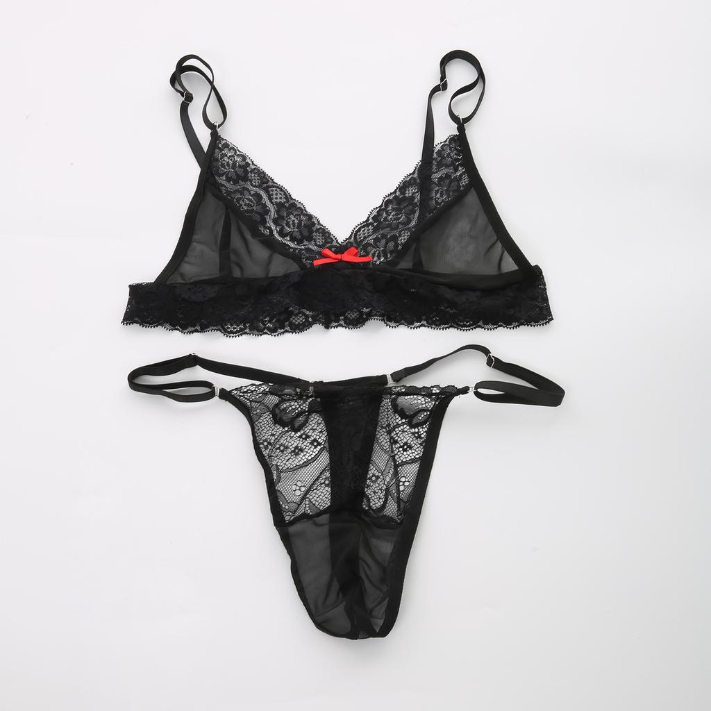 Conjunto de Lencería Sissy para Hombre con Ribete de Encaje Malla Transparente Sujetador Tanga Conjunto de Ropa Interior Outfits Exóticos para Crossdresser Gay Femboy Exótico Ropa de Dormir de 2 Piezas