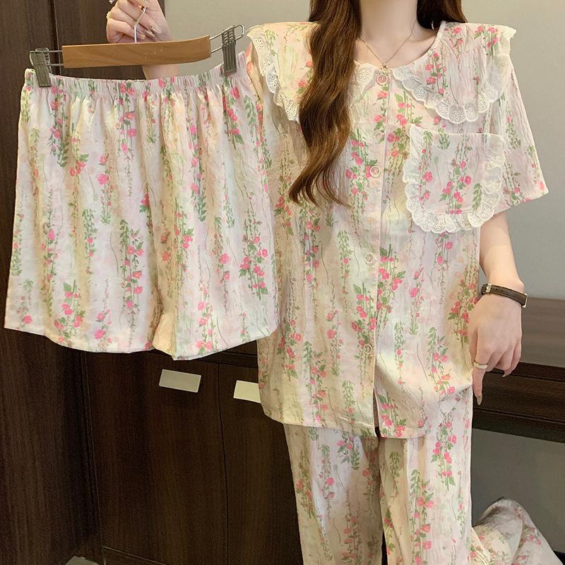 Pastoral Floral Summer Pajamas Women'S Lace Doll Collar Cloud Cotton Loungewear Short-Sleeved Three-Piece Set