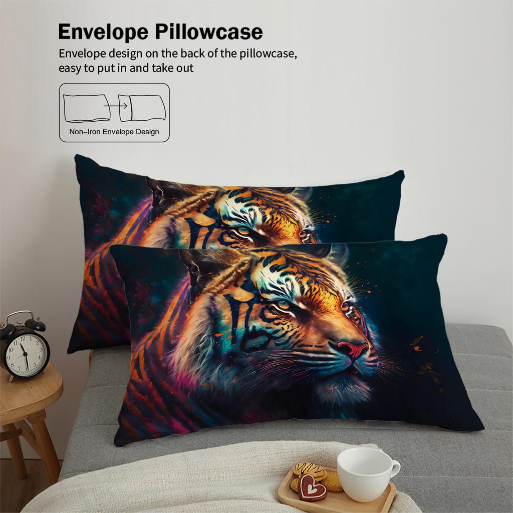 Three-Piece Set (1 Duvet Cover + 2 Pillowcases Coreless) Cool Tiger Printed Bedding Set Multiple Sizes For All Rooms