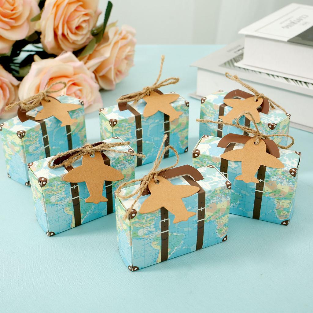 50/100Pc Vintage Party Favor Candy Box with Aircraft Tags Reusable Mini Suitcase Favor Box for Travel Themed Party Bridal Shower