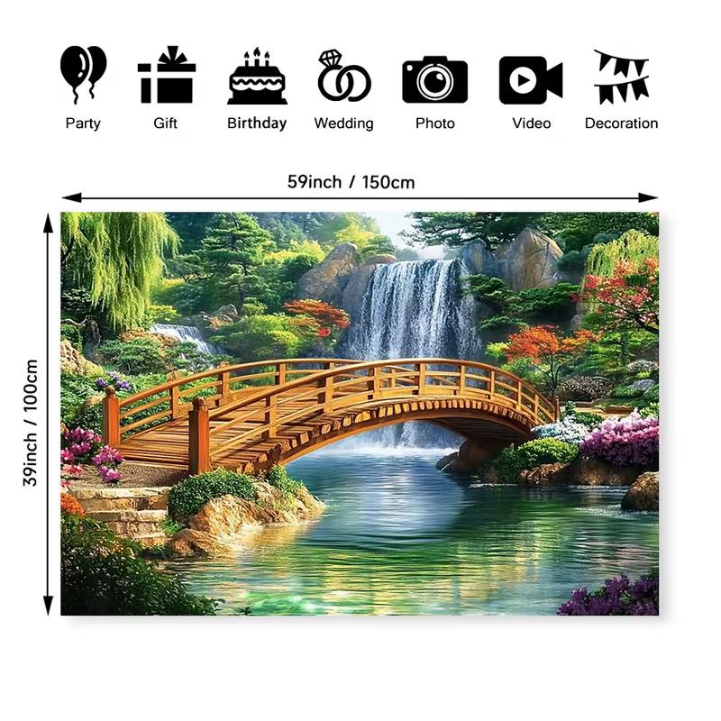 2D Japanischer Garten, Brücke, Wasserfall, Wandteppich, Zen-Natur, Wandbehang für Schlafzimmer