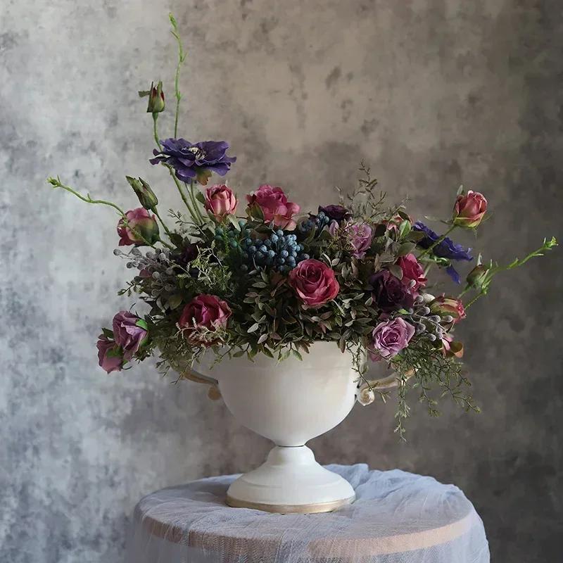 New Retro White Iron Flower Ware French Wedding Banquet Table Decoration Vase Golden Angel Handle Flower Arrangement FlowerPot