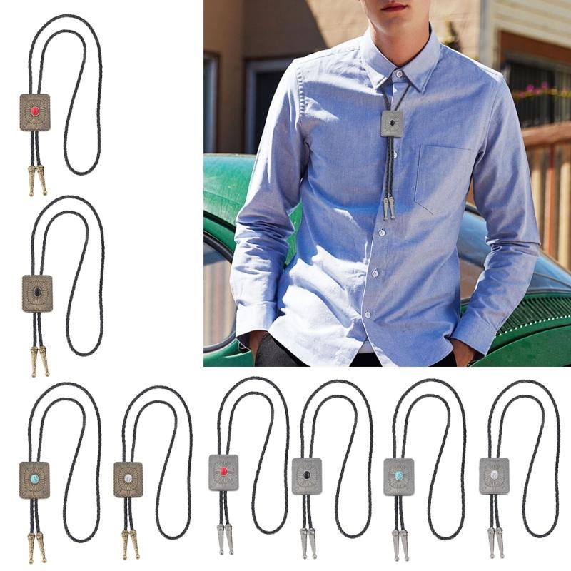 Punk Style Bolo Tie with Emblem Charm Necktie Necklace Costume Accessory