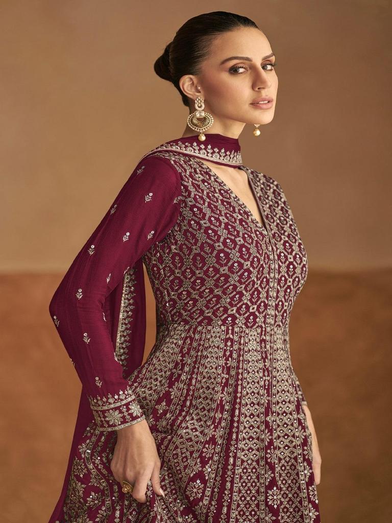 Maroon Embroidered Anarkali Gown Set for Women | Indian Wedding Party Wear Ethnic Dress with Dupatta