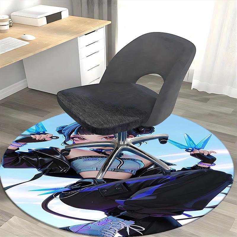 1 Stück Anime-Design Runder Teppich - Bürostuhlmatte mit Blauem Scheren-Aufdruck, Geeignet für Heimdekoration, Gaming-Zimmer