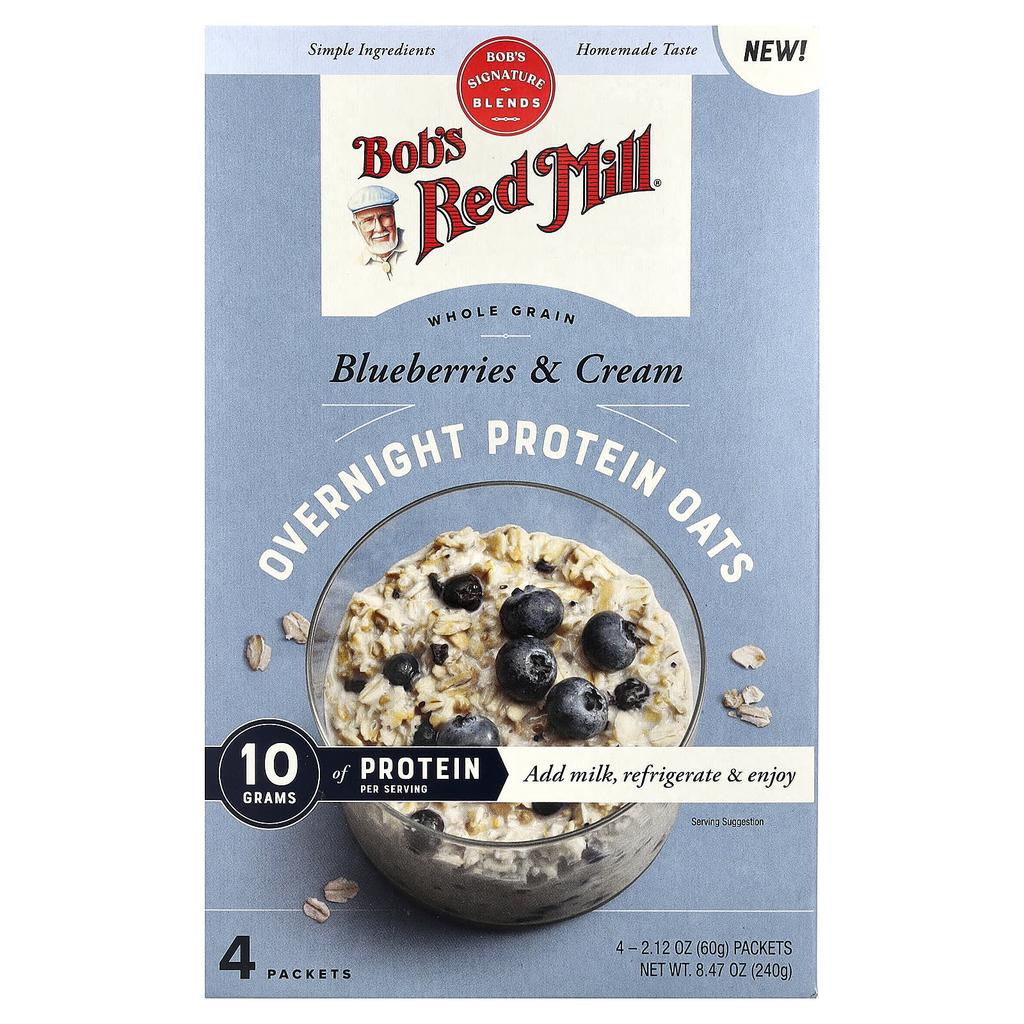 Bob's Red Mill Overnight Protein Oats, Whole Grain, Blueberries & Cream, 4 Pack, 60g (2.12oz) Each