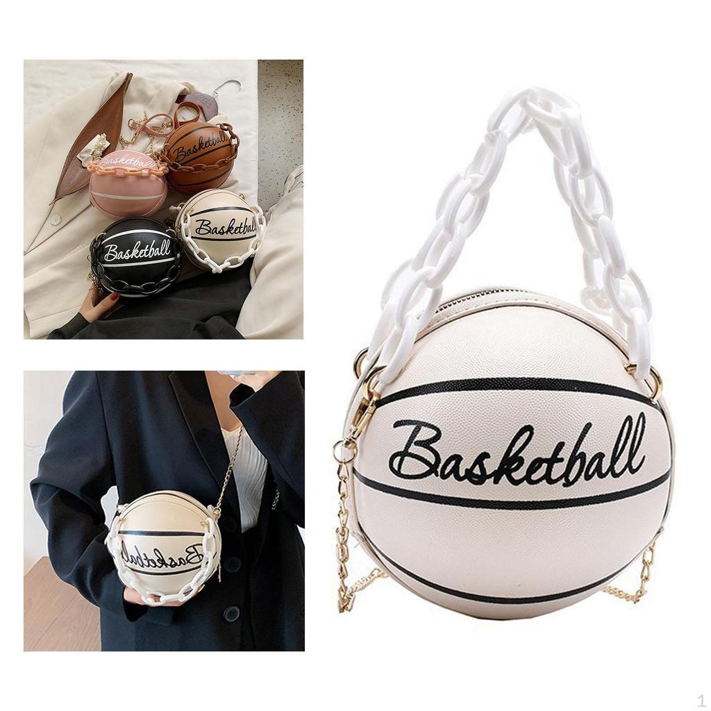 Fashion Women Basketball Bag PU Leather Chain Round Graphic Tote for Gift Shopping Ladies
