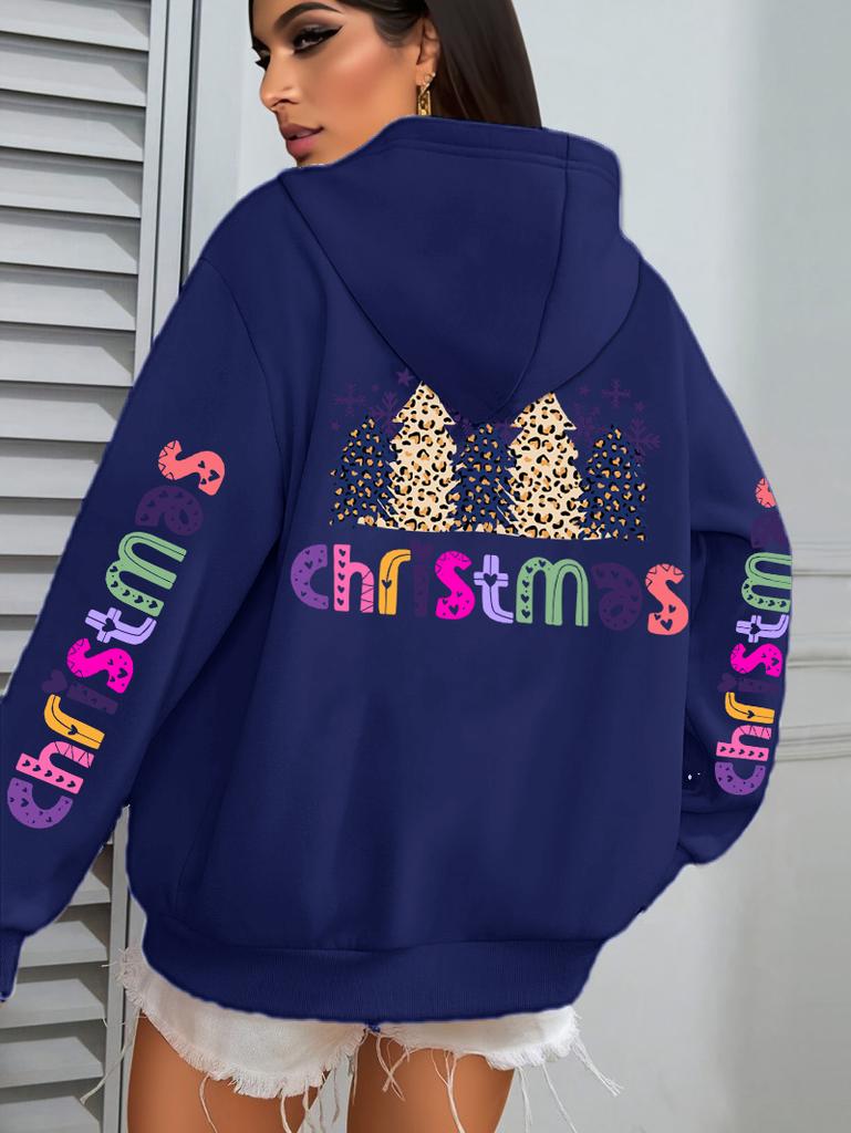 Merry Christmas Leopard Trees Printing Hoodie Women Hip Hop All-Match Streetwear Casual Loose Hoodies Fleece Autumn Woman Hoody