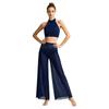 Women Halter Crop Top and Wide Leg Pants Set Rhinestone Mesh Patchwork Sleeveless with Built-in Bottoms Elastic Waist for Dance Club Performance
